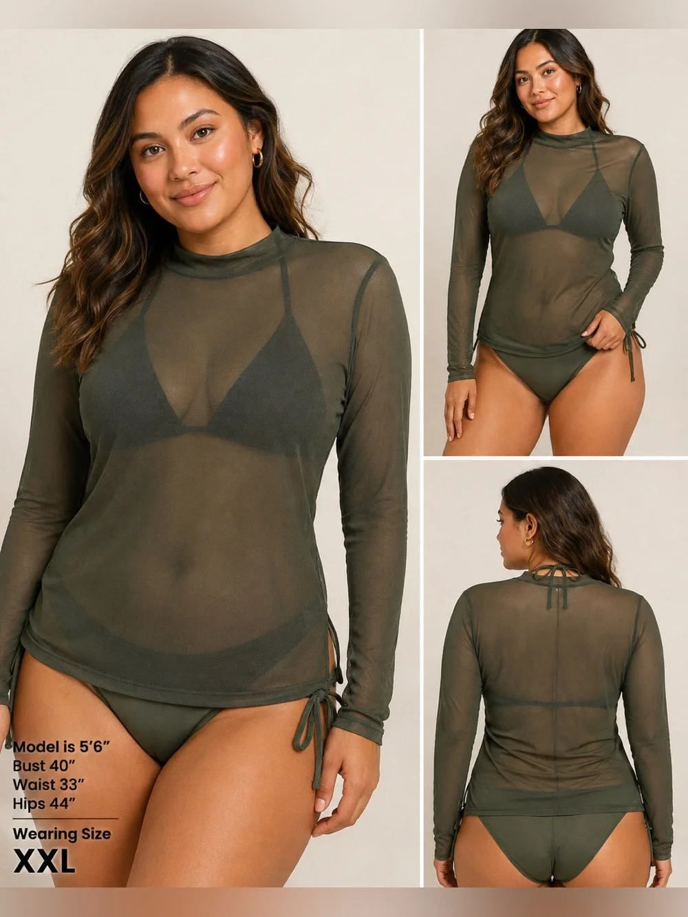 CALIA Draped Funnel Long Sleeve Sheer Mesh Top XXL Ivy Green NWT